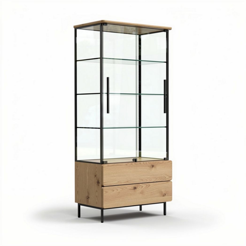 Vitrinekast van hout en glas met 2 lades en afmetingen 80 x 40 x 170cm