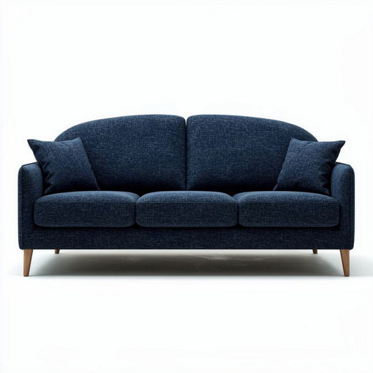 Bank van donkerblauw geweven stof met houten poten 200 x 90 x 80cm