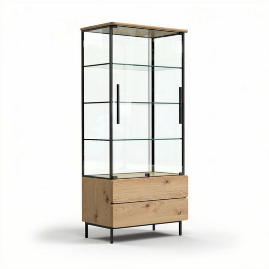 Vitrinekast van hout en glas met 2 lades en afmetingen 80 x 40 x 170cm