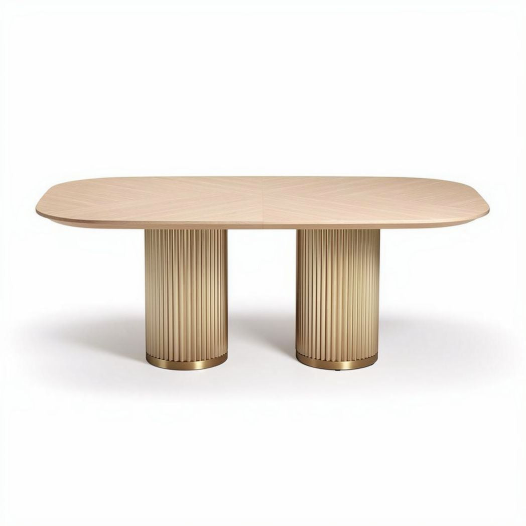 Houten eettafel met gouden basis 200 x 100 x 75cm ovalen vorm