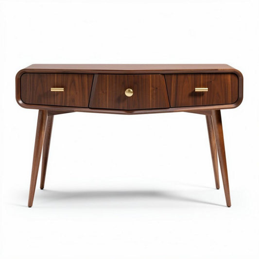 Houten console tafel met drie laden en een afwerking in walnoot 120 x 60 x 80cm