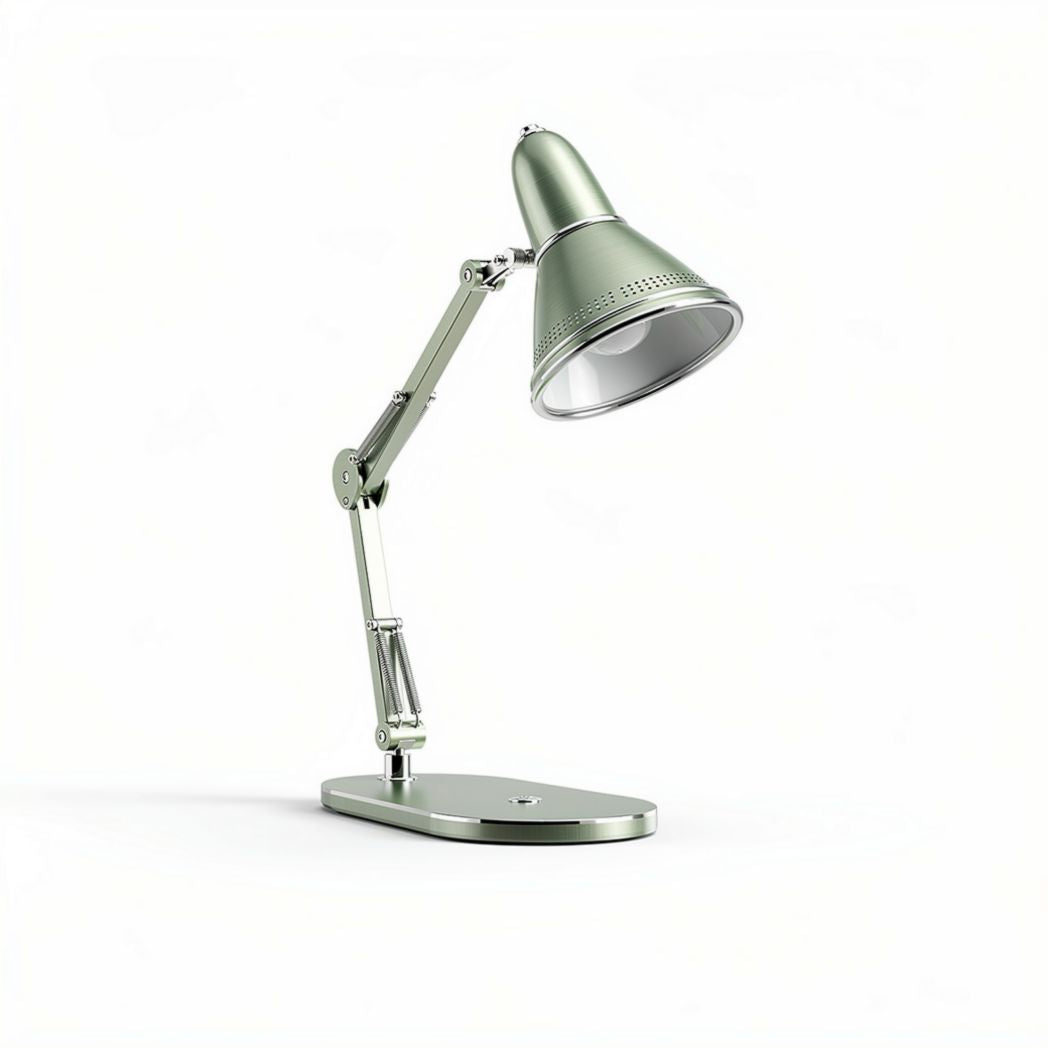 Bureau lamp in groen met verstelbare arm van metaal en regulier lichtoutput